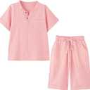 Boy's T-Shirt and Shorts Set Cotton Linen Summer Short Sleeve Children Two Pieces Clothing Pants Sets, Size 6Y