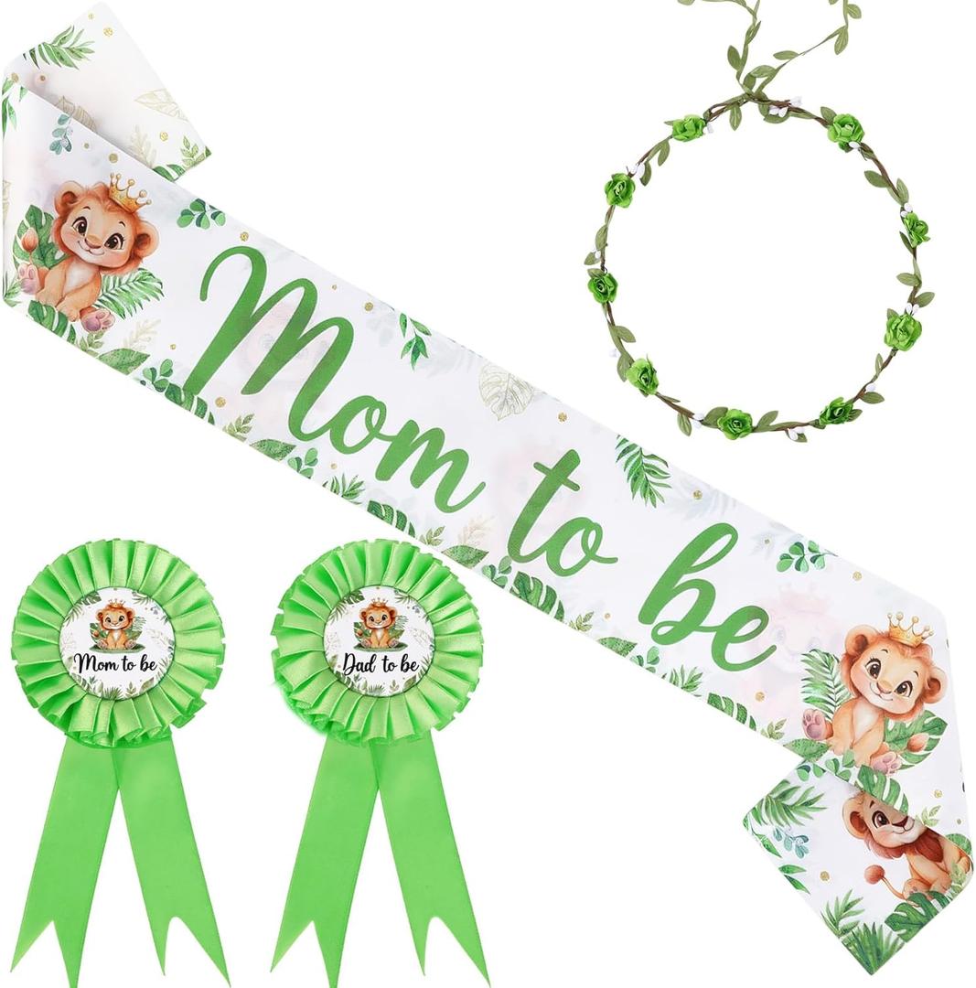 Lion Baby Shower Decoration, Lion Mom To Be Sash Mom Dad To Be Badge Pin Flower Crown Green for Boy A Little King Is On The Way Wild Animal Baby Shower Gender Reveal Decoration