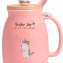 Cute Cat Cup Ceramic Coffee Mug with Kawaii Cat Wooden Lid, Lovely Stainless Steel Spoon, Anime Kitty Thicken Wooden Coaster, Christmas Birthday Cute Thing Japanese Mug 16oz (Pink)