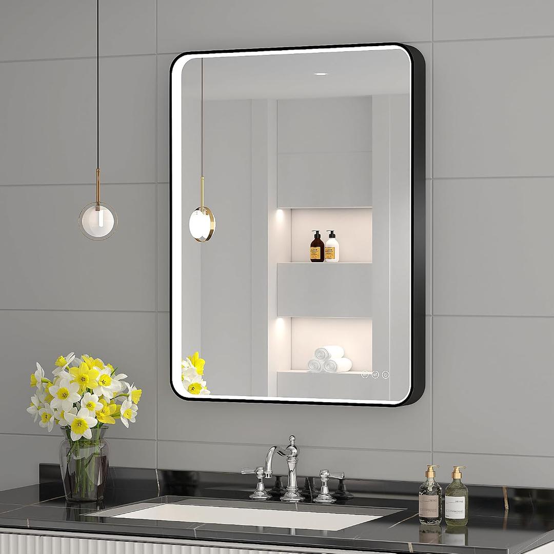 LED Mirror for Bathroom 24X32 Inch Black Framed with Anti-Fog, Stepless Dimmable, Front Lit, LED Bathroom Vanity Mirror for Wall, Memory Function, Shatter-Proof