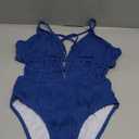 WDIRARA Women's Textured Deep V Neck One Piece Swimsuit Criss Cross Tie Backless Swimwear Blue M