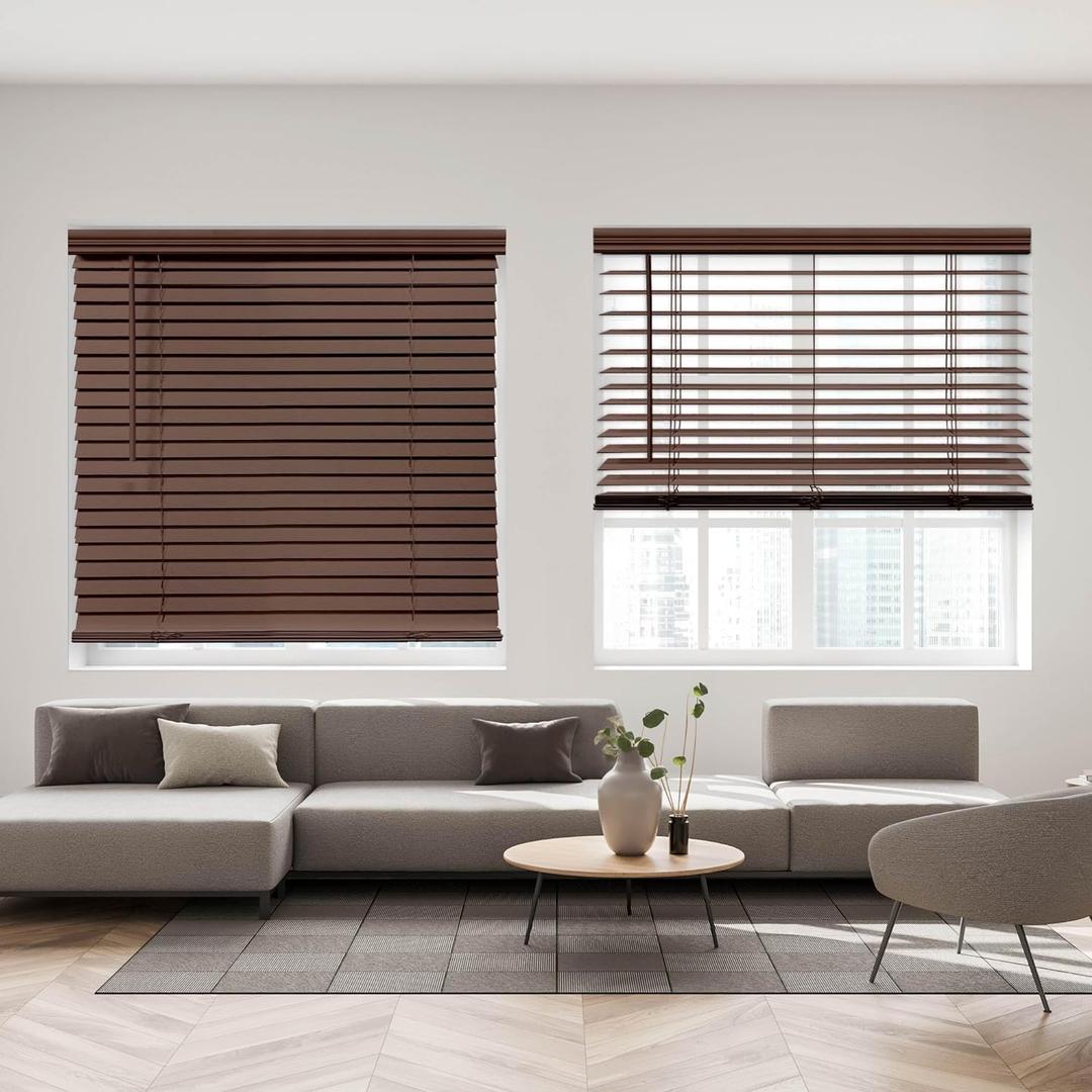 DEZ FURNISHINGS Cordless 2" Signature Faux Wood Blind, 70" W x 48" H, Bark Brown