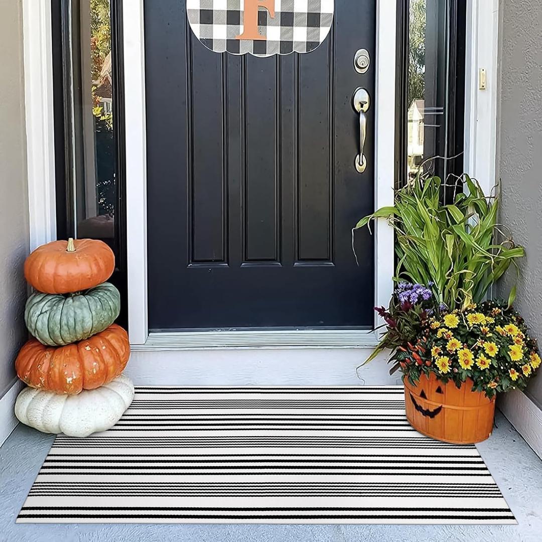 OJIA Black and White Outdoor Rug 2'x4.3', Fall Door Mats Outdoor Cotton Woven Halloween Front Porch Rug Machine Washable Indoor Door Mat Entryway Rug Striped Rugs Outdoor Mat for Farmhouse/Kitchen
