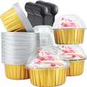 Aluminum Cupcake Liners with Dome Lids 50 Pack,Free-Air 5oz Foil Baking Cups Muffin Tins,Disposable Ramekins Jumbo Muffin Liners for Wedding Birthday Party,with 50 Spoons-Gold