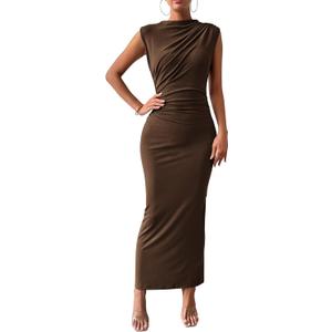 BTFBM Women Ruched Bodycon Maxi Dresses Summer Casual Sleeveless Lightweight Slit Elegant Cocktail Wedding Guest Dress (Large, Coffee)