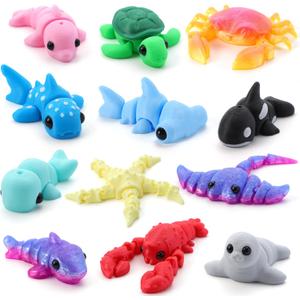 JOYIN 12 Pcs 3D Printed Ocean Animals Set, Mini Animals 3D Printed Toys - Cute Articulated Flexible Figurines Fidget Toys for Easter Party Favors Birthday Gifts Desk Pets Office Home Decor