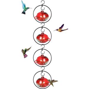 4 Pack Circular Hummingbird feeders for Outdoors Hanging,Hand Blown Glass Hummingbird Feeder with 4 Adjustable Silicone Perch,Never Leak,Gardening Gifts for Woman Man(Red)