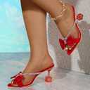 Women's Bow Rhinestone Strappy Heeled Sandals 2.36 Inch Pointed Open Toe Slip-On Transparent Heels Shining High Heel Mule Sandals for Wedding Brides Party Prom size 40