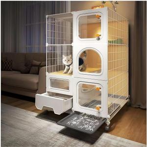 Indoor cat cage with Litter Box, Complimentary Cat Bed, Bow,lcat House with Wheels Outdoor,Large cat Villa Playpen, Small Animal Dog Kennel cat enclosures (28(L) x18.2(W) x46.2(H))