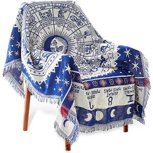 CaptainRay Boho Woven Throw Blanket Reversible Cotton Bohemian Tapestry Hippie Room Decor Witchy Astrology Zodiac Celestial Constellation Carpet Bed Chair Couch Sofa Cover Double Sided,70x50
