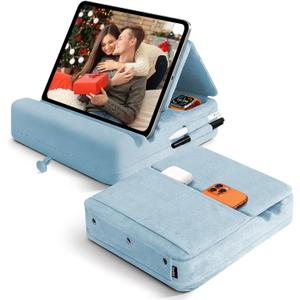 Tablet Pillow Stand with Storage, Foldable iPad Holder for Lep, Bed, Sofa, and Desk - Soft Pad Dock with Pocket and Stylus Mount Compatible with 4-13" iPad Pro/Air/Mini, Galaxy Tab, Kindle (Blue)