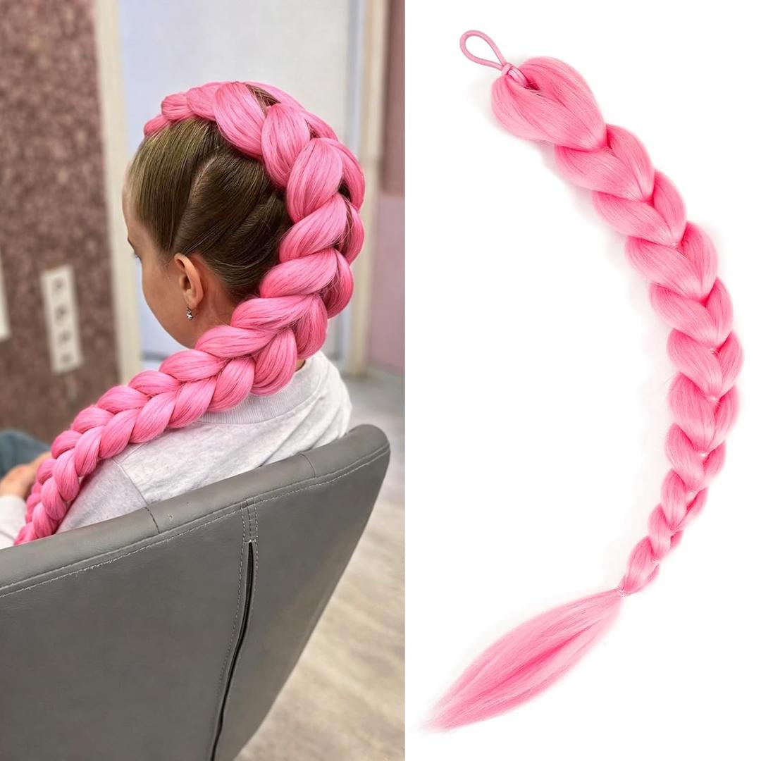 Getgal Pink Hair Extensions 24inch Pre Braiding Hair Synthetic Braid Ponytail Hair For Halloween Costume Cosplay24inch Ponytail Pink