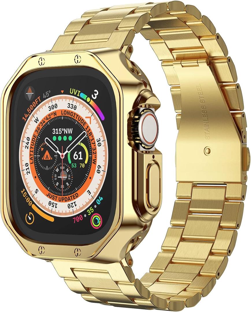 Compatible with Apple Watch Ultra 3/2/1 Band and Case, Stainless Steel Metal Chain with TPU Cover, Smart-Watch Link Bracelet Strap for men, Wrist-Band for i-Watch Ultra, 49mm, Gold