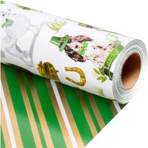 3 x Merture Reversible St. Patrick's Wrapping Paper - 17 Inch x 33 Feet - Lucky Dogs with Hats & Four-leaf Clovers for Holiday (17in x 32.8ft(46.5 sqft))
