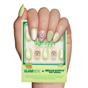 Glamnetic x Hello Kitty and Friends Press On Nails - Keroppi | Short Oval Pastel Green Graphic Fake Nails in a Velvet Finish | 15 Sizes - 30 Nail Kit with Glue