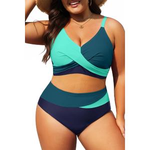Tempt Me Plus Size Two Piece Swimsuit - Women High Waisted Bikini Set Tummy Control Bathing Suits (Blue, XXL)