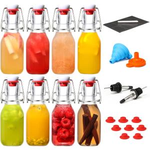 8 Set, 4 OZ Swing Top Glass Bottles - Flip Top Beer Brewing Bottles with Stopper for 2nd Fermentation, Kombucha, Mead Kefir, Vanilla Extract, Juice, Tea, Wine - Airtight Cap Lids, Bonus 2 Pourers