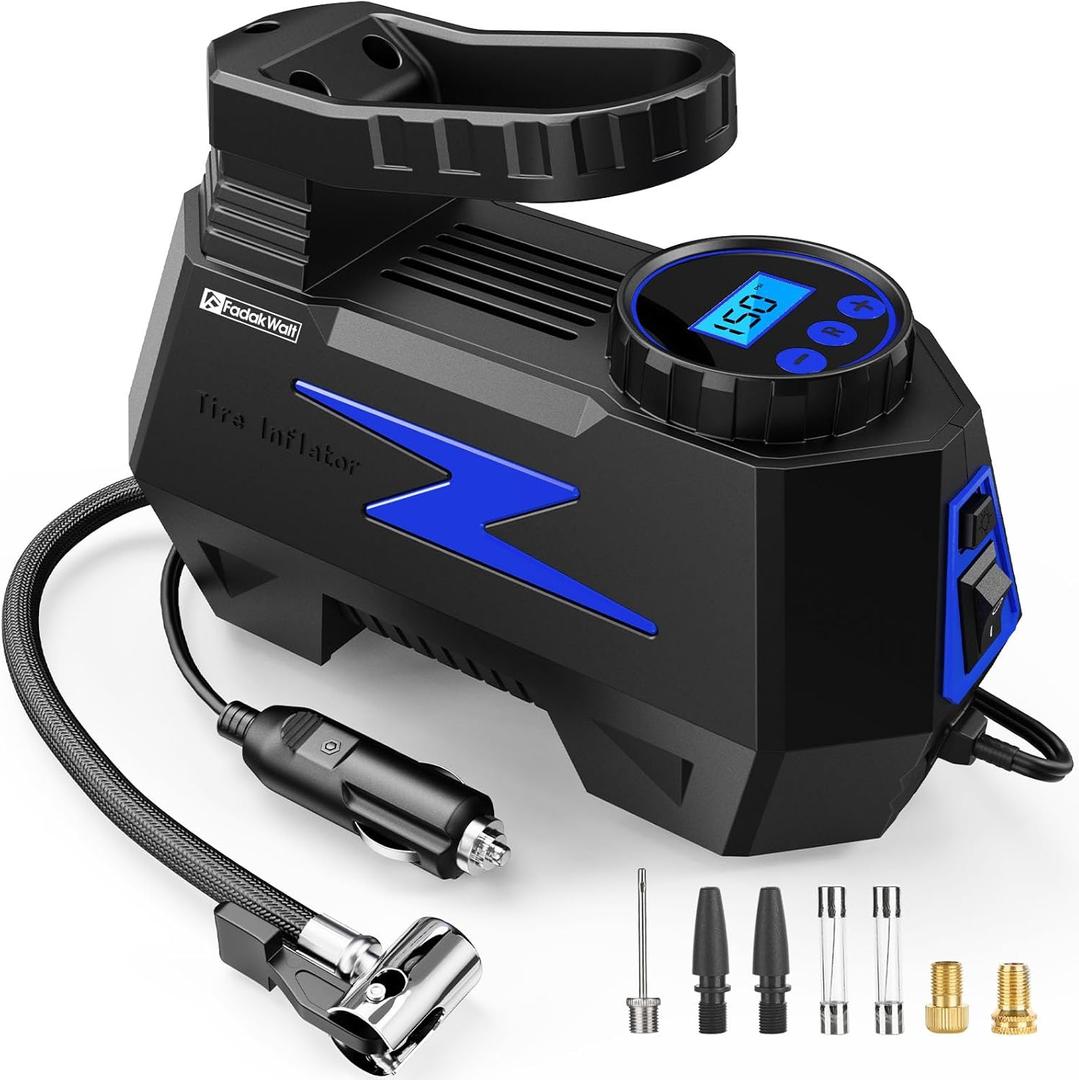 FADAKWALT Tire Inflator Portable Air Compressor, 12V DC Car Air Pump with Auto Shutoff, 150 PSI Digital Gauge, LED Light, Metal Valve Connector, Accessories for Cars, Blue
