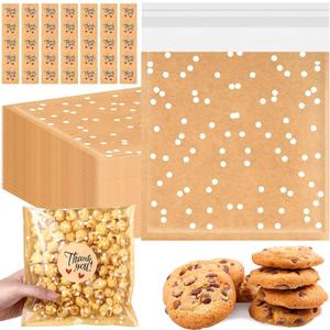 Fuyoooo 50 Pcs Self Adhesive Cookie Bags Cellophane Polka Dot Treat Bags Small Plastic with Thank You Stickers for Party Gift Giving Bakery Biscuit Candy Pastry (7.1 x 7.5 Inch)