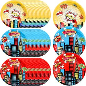 Zhehao 60 Pcs Spider Party Plates Theme Hero Party Round Disposable Dinner Paper Plates Red Blue Yellow Decorative Tableware for Baby Shower Supplies Birthday Decorations