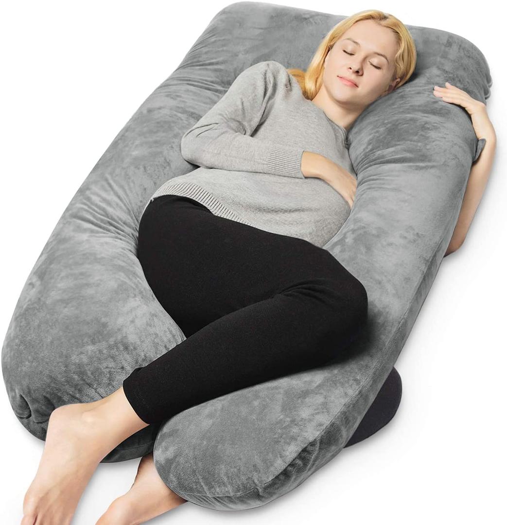 QUEEN ROSE Pregnancy Pillows, U Shaped Full Body Pillow for Sleeping Support, 55 Inch Maternity Pillow for Pregnant Women with Removable Velvet Cover, Grey