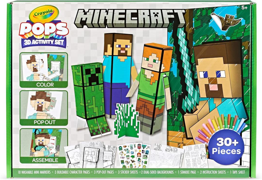 Crayola Minecraft POPs 3D Art Kit for Kids, Create 3D Characters, Coloring Activity Set with Markers & Stickers, Minecraft Toys, Gift for Boys & Girls