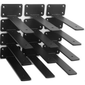 12 Pack - 8 inch Black Hidden L Shelf Bracket (1/5 Inch Thicked) Iron Floating Shelf Brackets Rustic Industrial Metal Brackets for Shelf Support