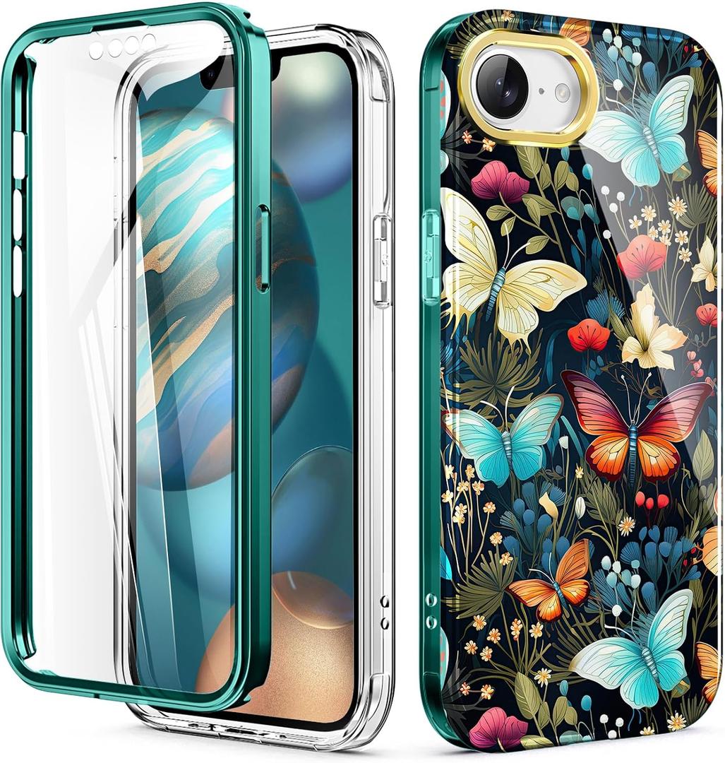Hocase for iPhone 17e Case/iPhone 16e Case, (with Built-in Screen Protector) Shockproof Slim Soft TPU+Hard Plastic Full Body Protective Case for iPhone 17e/16e 6.1" - Butterflies in Garden