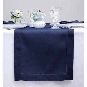 Solino Home Linen Navy Blue Table Runner 48 Inches - Classic Hemstitch, 100% Pure Linen Coffee Table Runner 14 x 48 Inch Ideal for Dresser Tables - Christmas, Holiday, New Year
