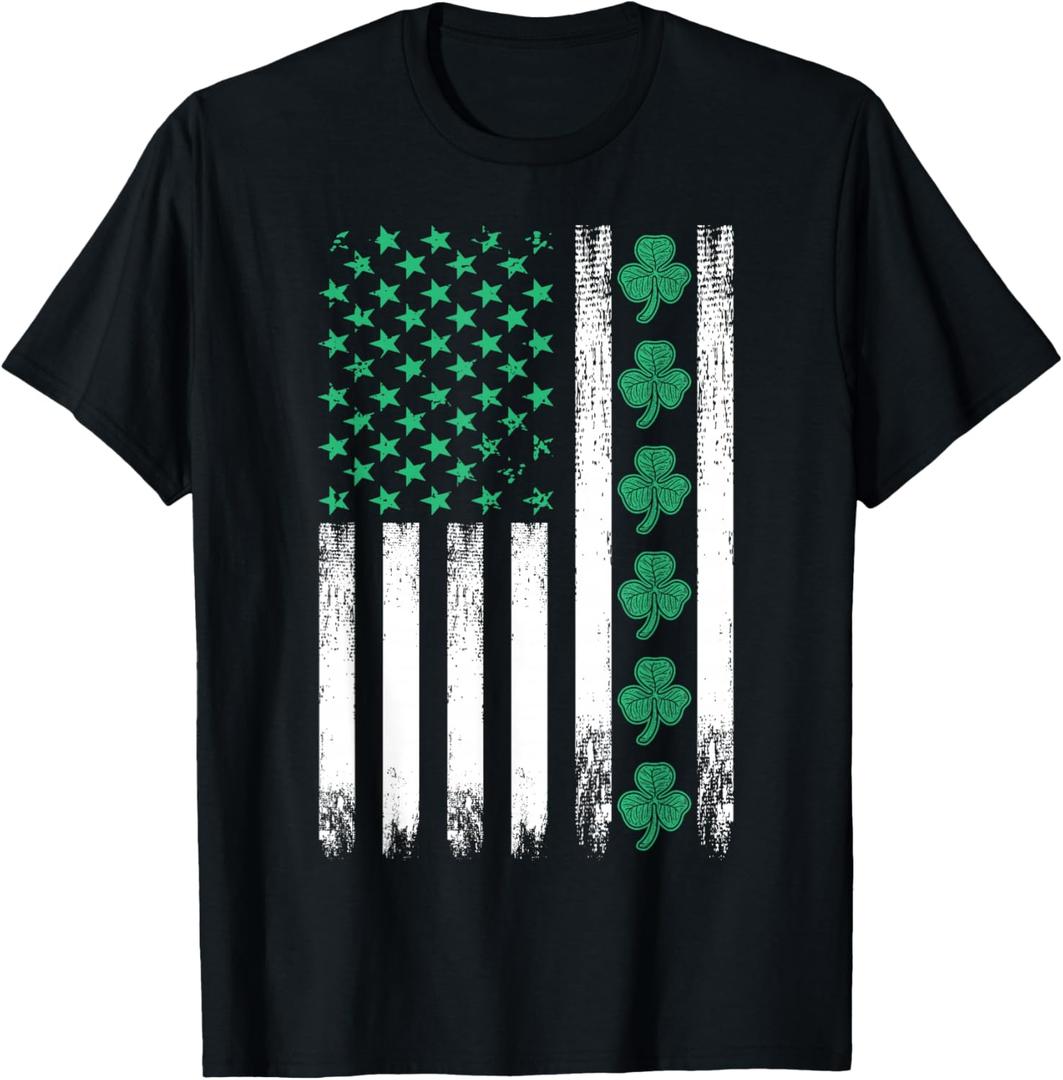 Irish US American Flag Clovers St Patricks Shamrocks T-Shirt, XL