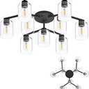 9 Light Kitchen Lighting Fixtures Ceiling Black Semi Flush Mount Ceiling Light Fixture Large Living Room Lighting Cieling Lamps for Dining Room Living Room Light Fixture with Clear Glass Shades