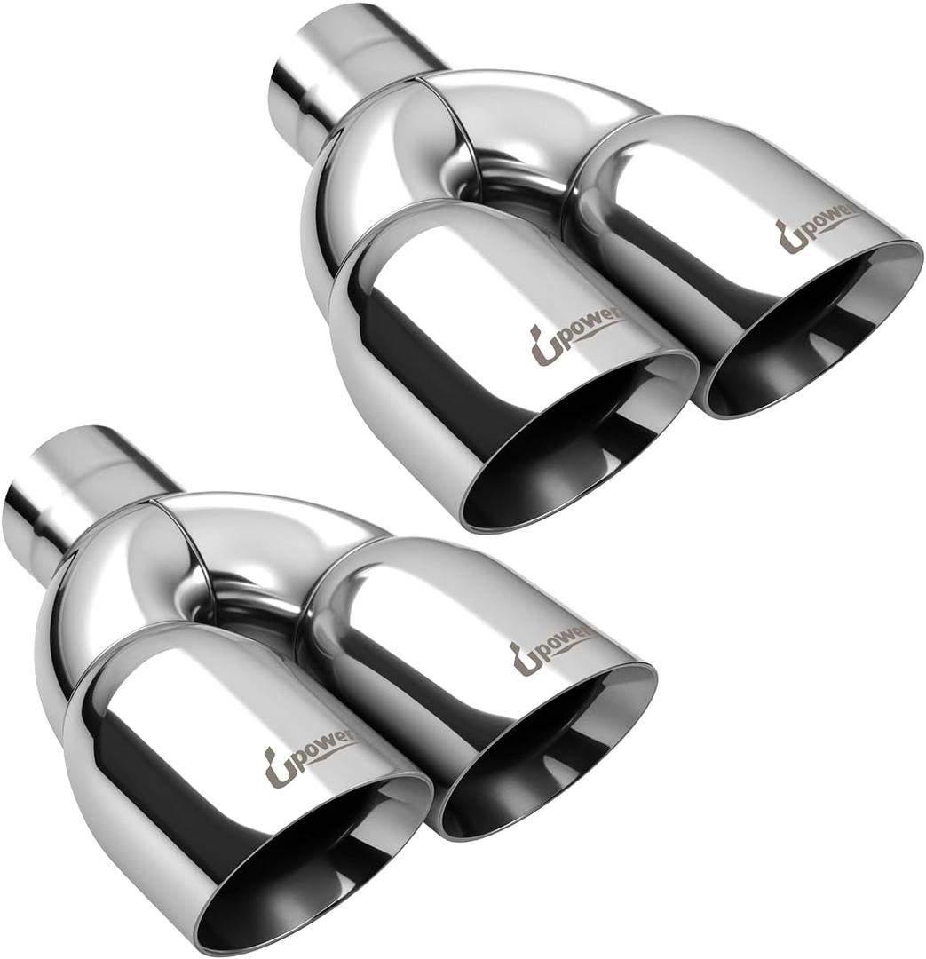 Upower Pack of 2 Dual Exhaust Tip Tailpipe 2.5 Inch Inlet 3.5" outlet 9.5" Length Polished Stainless Exhaust Tip for Car Truck (Double Wall Weld-On Angle Cut Design)