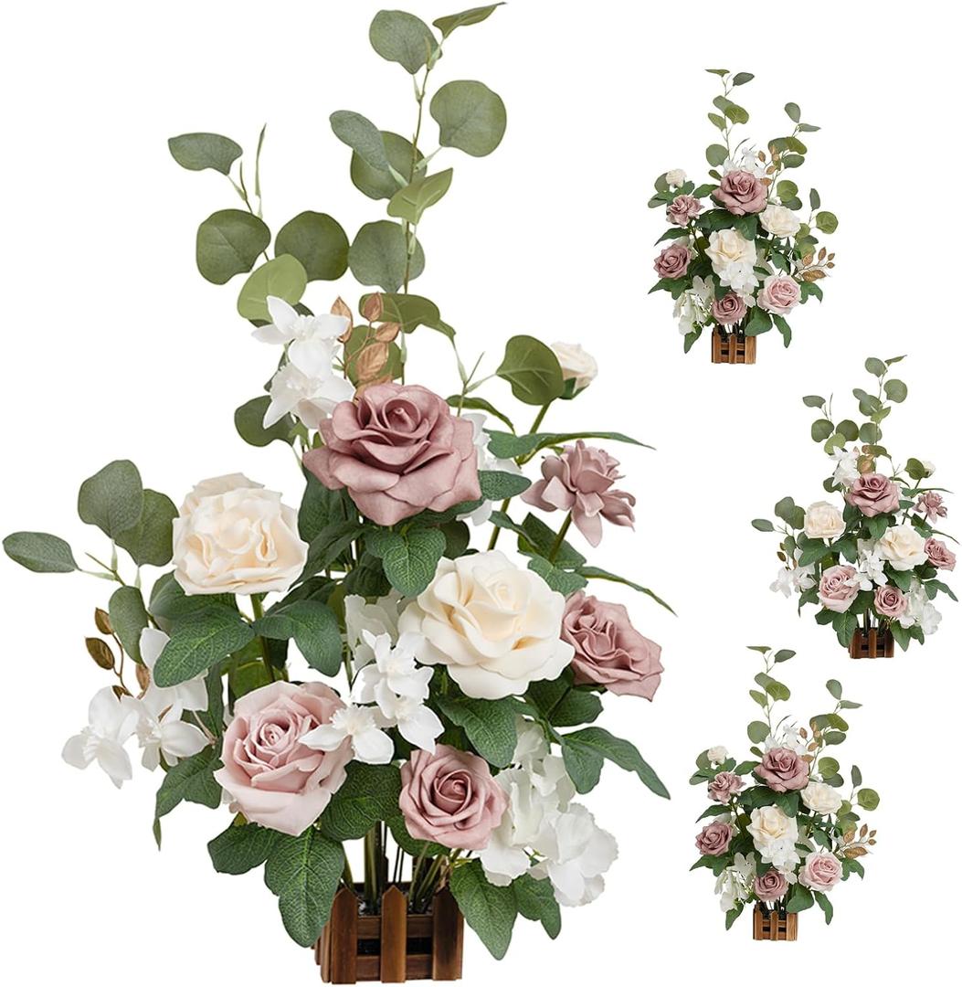 Ling's moment 17.5" Tall Standing Artificial Flowers Arrangements 4 pcs Wedding Aisle Runner Chair Decorations Dusty Rose Cream for Centerpieces Ceremony Reception Rose Floral Party Outdoor