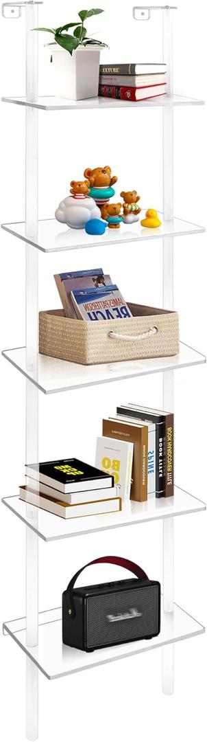 Acrylic Ladder Bookshelf 9.5" D x 15.6" W x 73" H Clear Bookcase Narrow Display Shelf for Small Space Wall Mounted Storage Rack for Living Room Bedroom Cloakroom Bathroom (5-Tier)