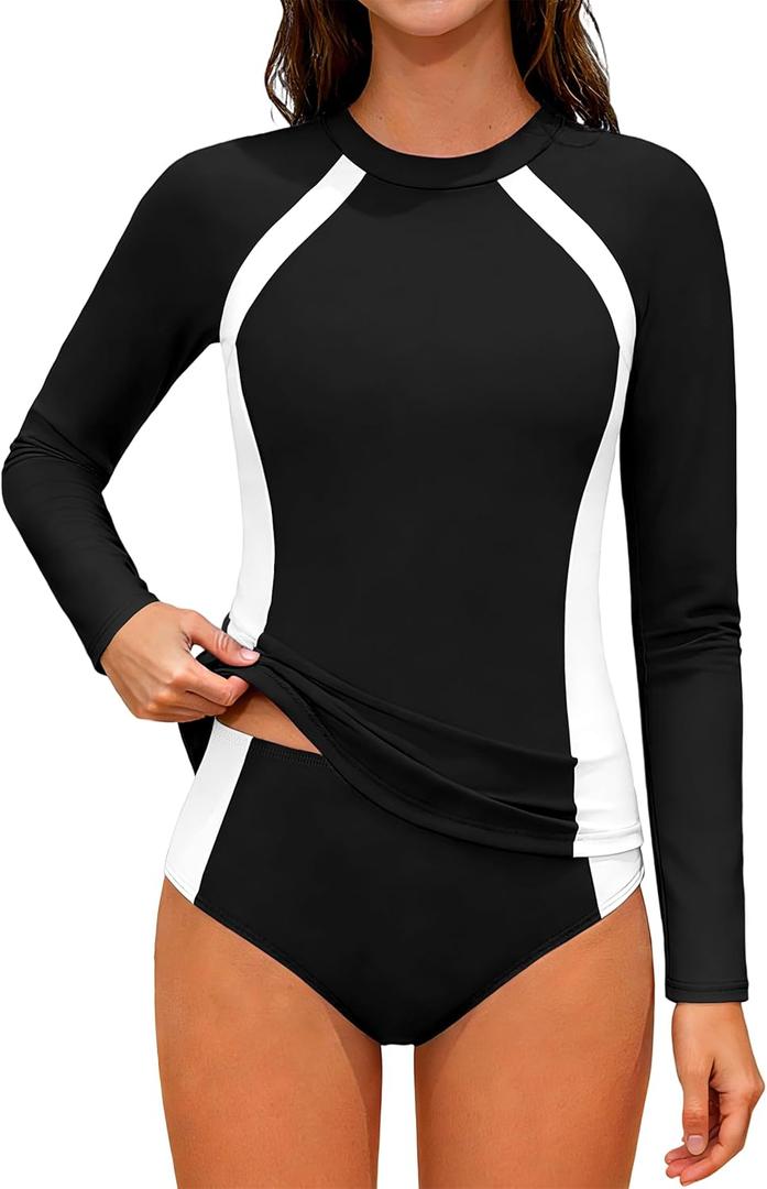 Girls Rash Guard Swimsuit Long Sleeve Swimsuit Color Block Two Piece Bathing Suit for Girls UPF 50+ Padded Swimwear (Black, XS)