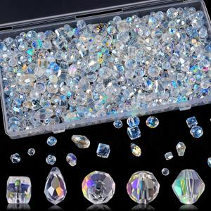 600 Pcs Crystal Glass Beads for Jewelry Making, Crystal Beads with Box, Assorted Bicone, Rondelle, Cube, Teardrop & Spacer Beads for DIY Crafts Bracelets, Necklaces, Earrings, 4/6/8mm, AB Color
