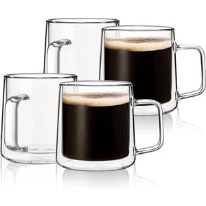 CNGLASS 10oz Glass Coffee Mugs, Double Wall Insulated Glass Mugs with Handle, Clear Espresso Mug for Latte, Cappuccino, Tea Bag, Set of 4