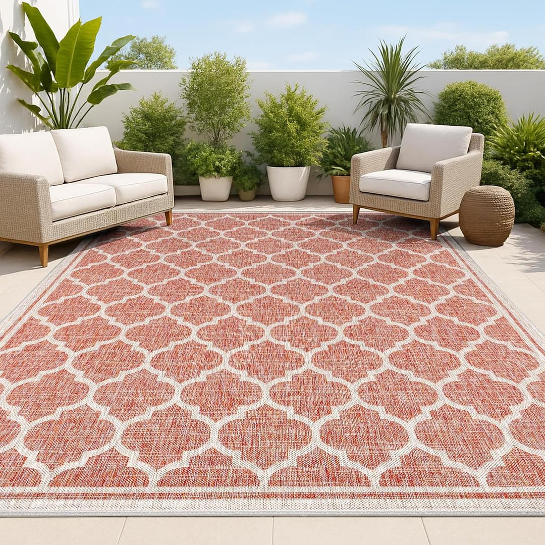 JONATHAN Y Moroccan Trellis Indoor Outdoor Area Rug 4X6 Red/Beige, Trebol Textured Weave for Backyard, Patio, Porch, Easy-Cleaning, High Traffic, Pet-Friendly, Non-Shedding (SMB109C-4)