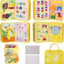 Educational Book for Toddlers, Travel Learning Activity Board with Shapes, Letters, Numbers, Life Skills, Clock Learning,Travel-Friendly Yellow Busy Board, 11 x 8.8 inches Felt Playboards