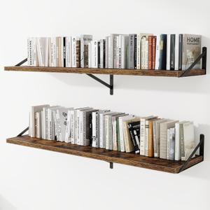Deep Wall Shelves 55"W x 12"D Engineered Wood Floating Shelves for Wall, Sturdy Metal Bracket Bookshelves Home Decor Storage for Living Room Bedroom Bathroom Kitchen, Set of 2, Rustic Brown Finish