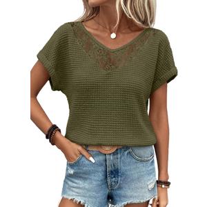 Dokotoo Women's Casual 2026 Waffle Knit Hollow Out Lace Tops Short Sleeve V Neck Loose Fit Shirts Blouses (Green, M)