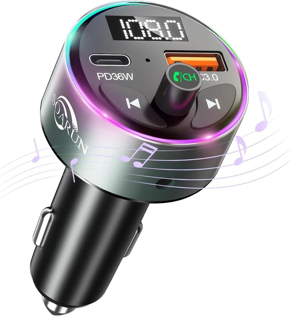 FM Transmitter Bluetooth 5.3 - SOARUN Fast Car Charger Adapter 54W [PD 36W & QC3.0 18W], Support Wireless Radio, Aux 3.5mm, Hands-Free Calling with 9 Colors LED Backlit (FT1020-US-HANYA)