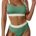 Women Sports High Waisted Swimsuits Two Piece Scoop Neck Crop Top Bikini Cheeky High Cut Ribbed Color Block Bathing Suit (Large, Army Green Swimsuit)
