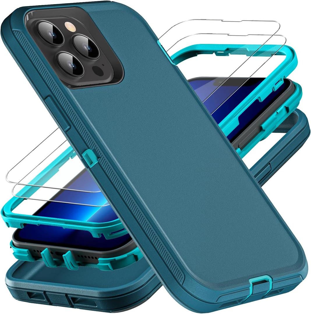 for iPhone 13 Pro Max Case, Military Grade 3 in 1 Heavy Duty Shockproof/Drop Proof/Dust Proof Case with 2Pcs Tempered Glass Screen Protector (Blue/Turquoise)