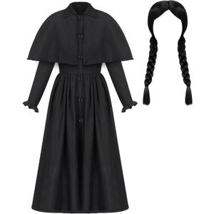 JenPen 2 Pcs Gothic Black Girls Halloween Costume Outfit with Double Braid Wig 2025 Detective Kids Cosplay Dress Accessories (M)