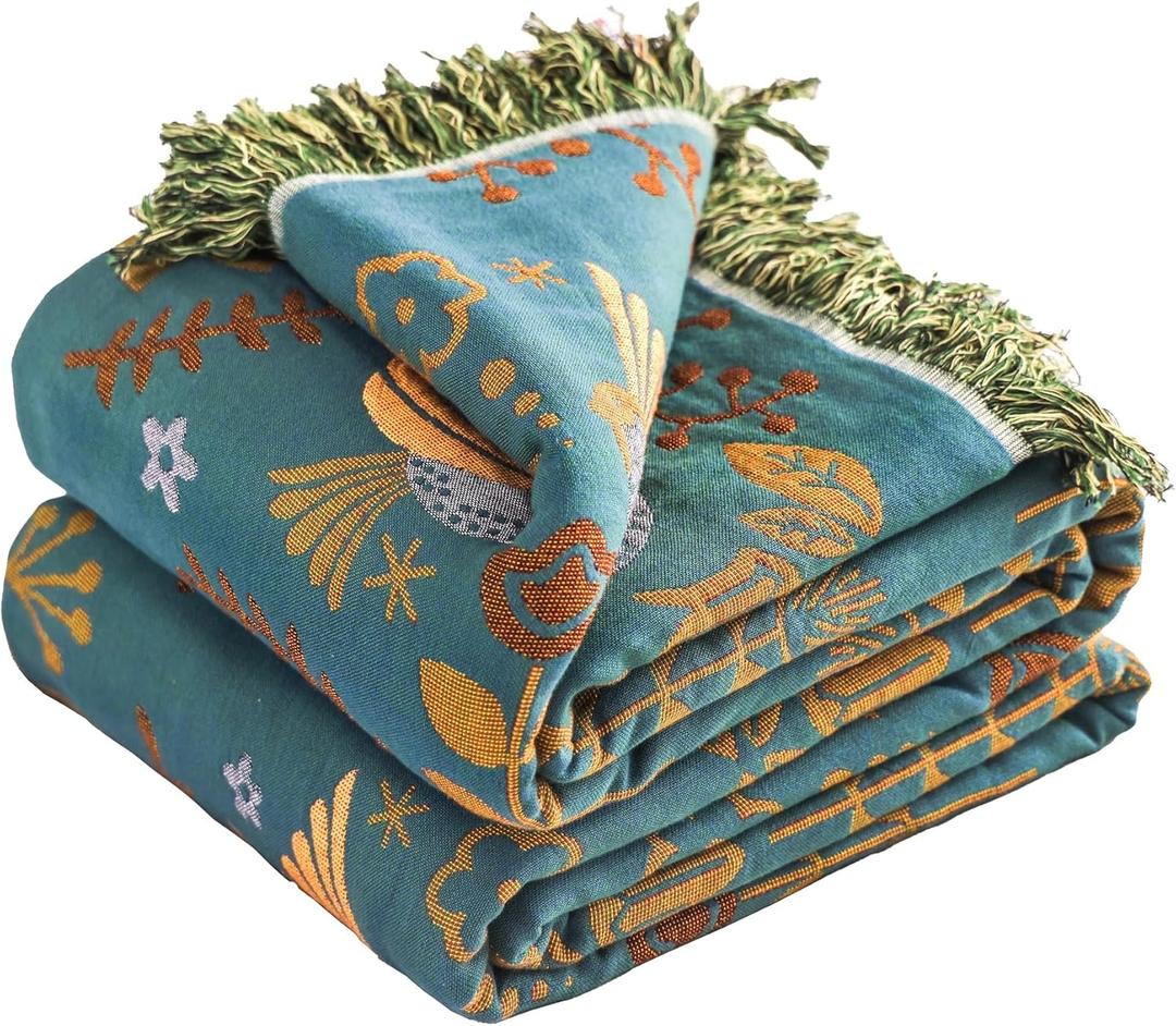 Boho Large Throw Blanket, 100% Organic Cotton Breathable Soft Bed Throw - Floral Bird Farmhouse Decor Blanket for Sofa Couch Chair Quilt and Gift. (Flower-bird B, 91" x 98")
