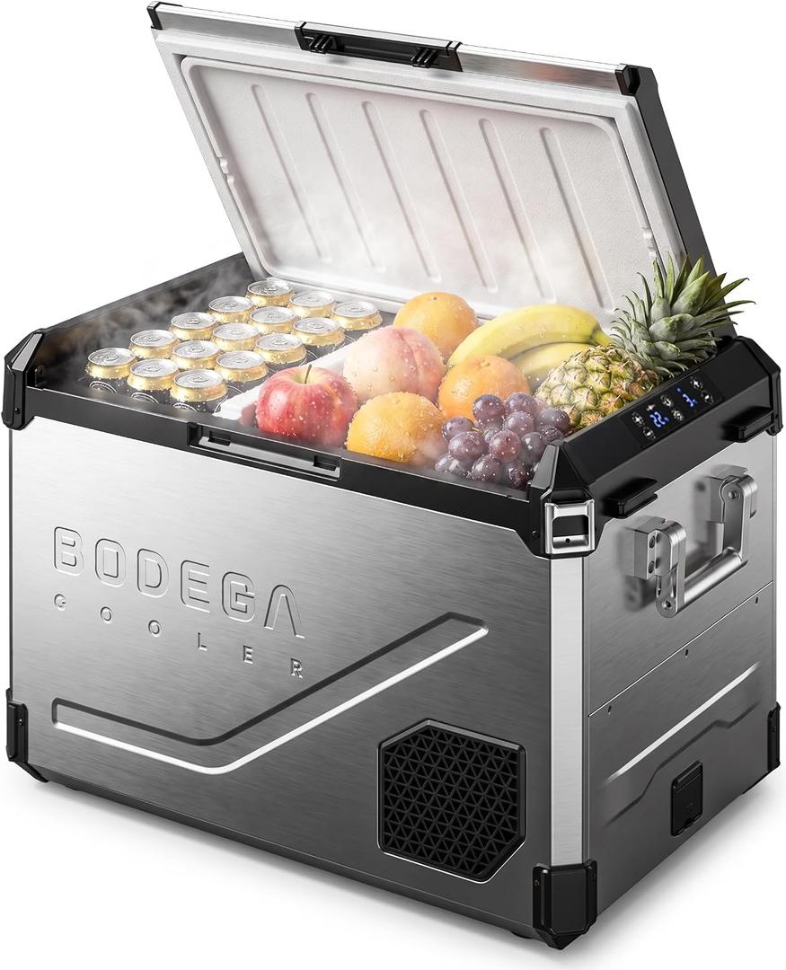 BODEGA 12V Car Refrigerator, 63QT Stainless Steel Dual Zone | Removable Divider,MAX/ECO & Battery Protection,Bluetooth Electric Cooler for RV, Truck, Camping, LED lights