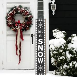 Let It Snow Wooden Porch Sign 47" Winter Large Buffalo Plaid Welcome Porch Sign for Home Front Door Yard Party Decor (Black)