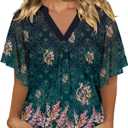 Onlypuff Womens Double Layered Tunic Tops Half Sleeve Floral Double Layered Sheer Flowy Blouse Round/V Neck Casual Shirts, Size: L
