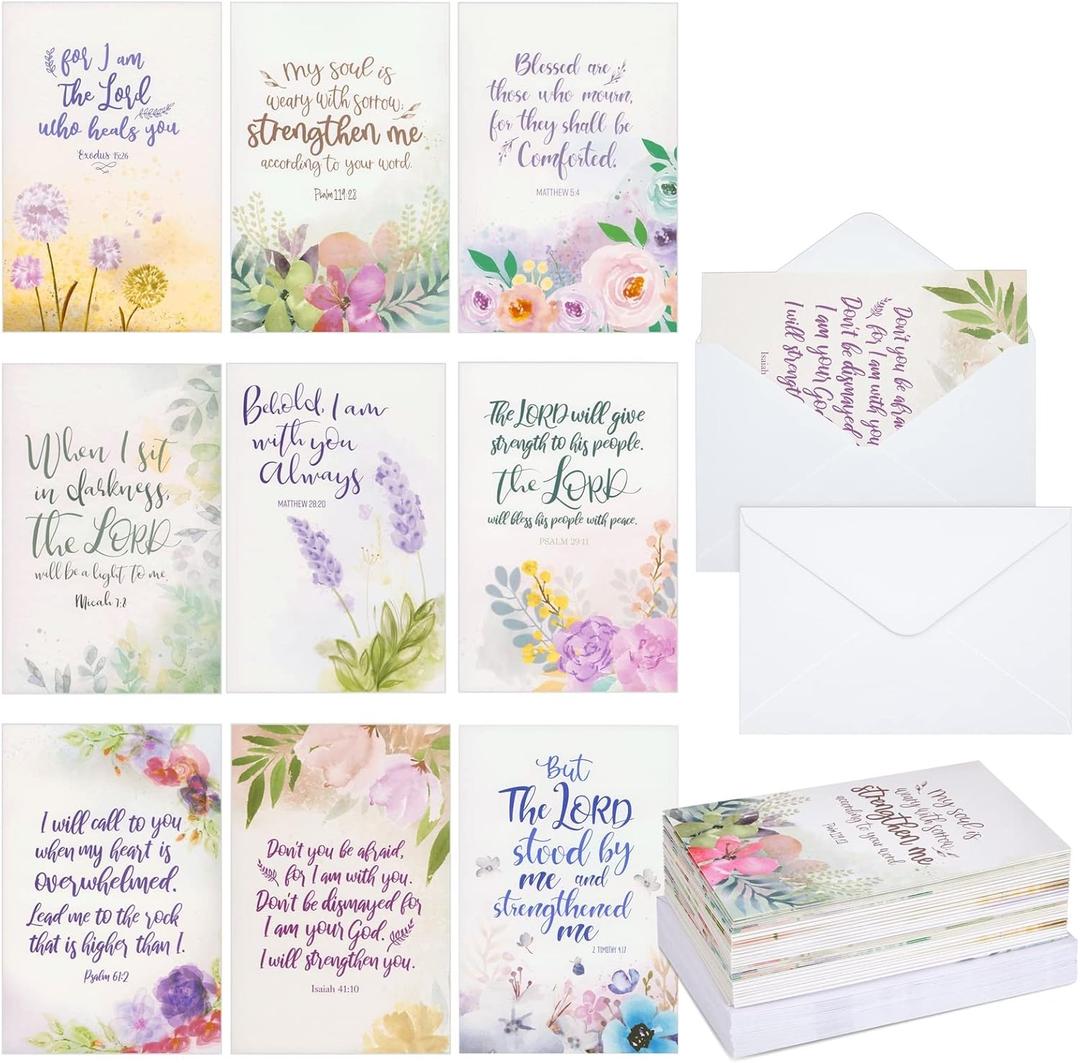 Faithful Finds Religious Sympathy Cards with Envelopes, Watercolor Floral (4x6 In, 36 Pack)